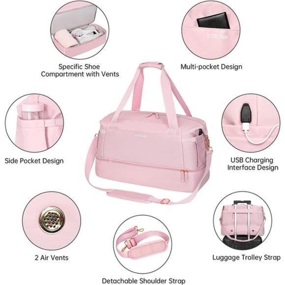 Gym Bag for Women Sports Travel Duffel w/ USB Charging Port Weekender Overnight - Picture 4 of 7